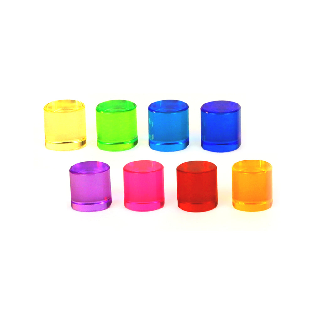 Set di cilindri traslucidi Bauspiel in sei colori brillanti per costruzioni e giochi di luce
