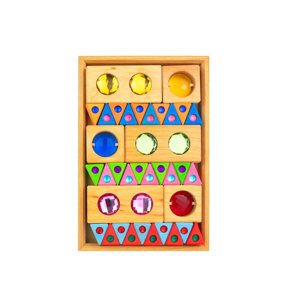 Set Bauspiel Scatola da Collezione – blocchi in legno con gemme colorate traslucide