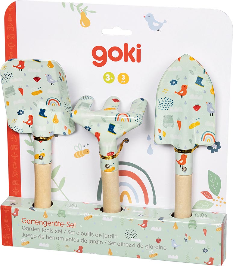 Set attrezzi da giardino per bambini Goki – paletta, rastrello e vanga con manici in legno decorati