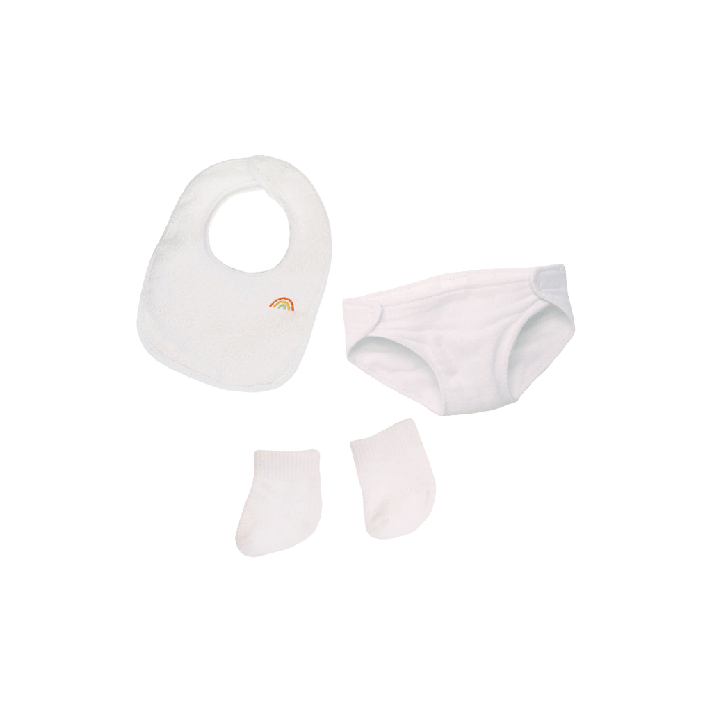 Olli Ella Dinkum Doll Care Set – set di accessori per bambole con bavaglino, mutandina e calzini in tessuto bianco