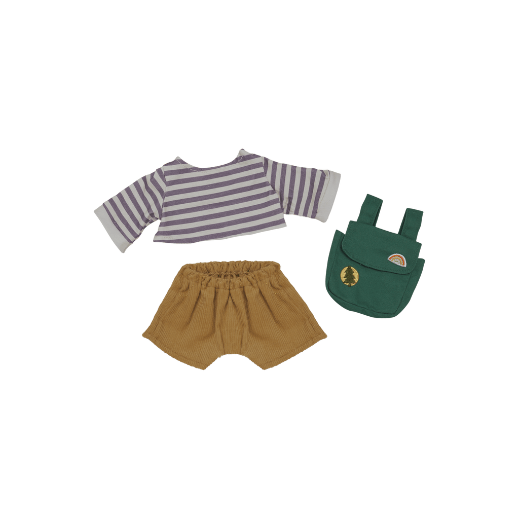 Olli Ella Dinkum Doll Rambler Outfit Set Mustard – completo per bambole con maglietta a righe, pantaloncini color senape e mini zainetto verde
