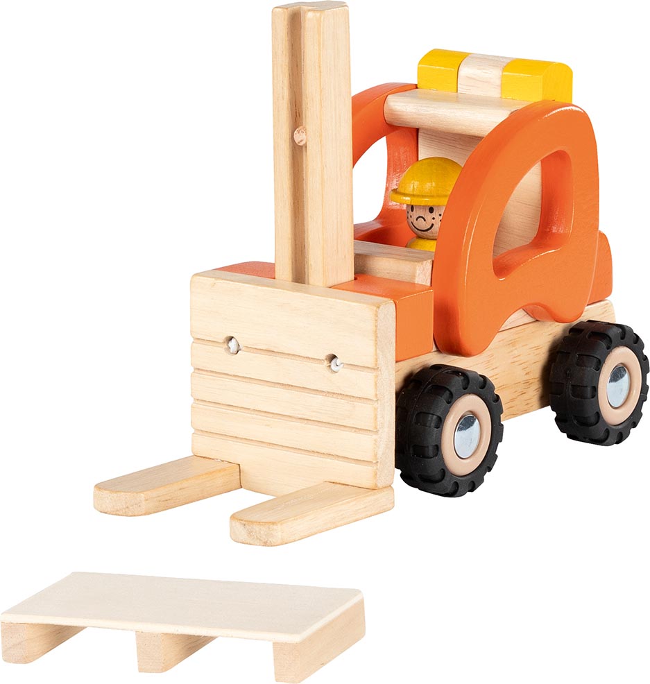 Carrello elevatore in legno naturale Goki Nature con rimorchio mobile, gioco simbolico per bambini ispirato al mondo delle costruzioni.