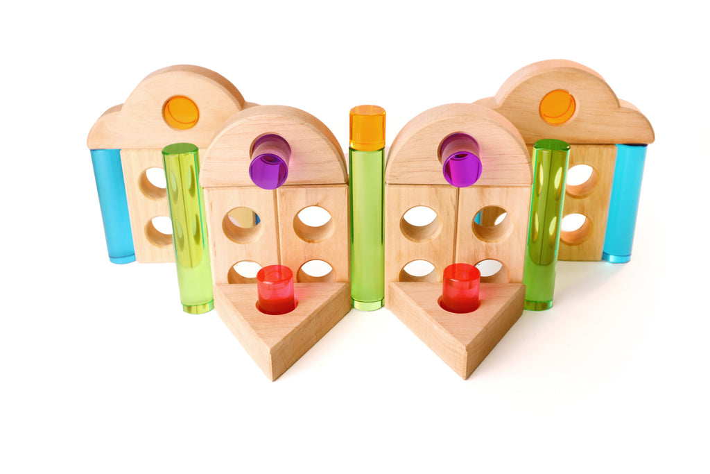 Costruzione colorata in legno Bauspiel Blocchi con Oblò – set creativo per il gioco libero