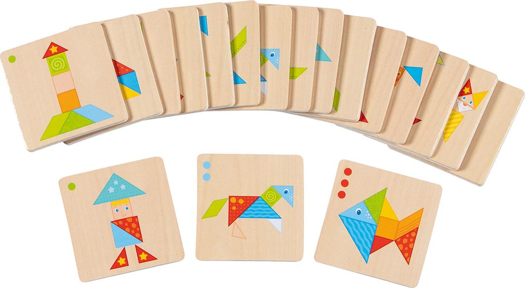 Carte in legno del gioco educativo Il Colorato Mondo del Tangram Goki, con figure geometriche colorate da ricomporre in varie sagome.