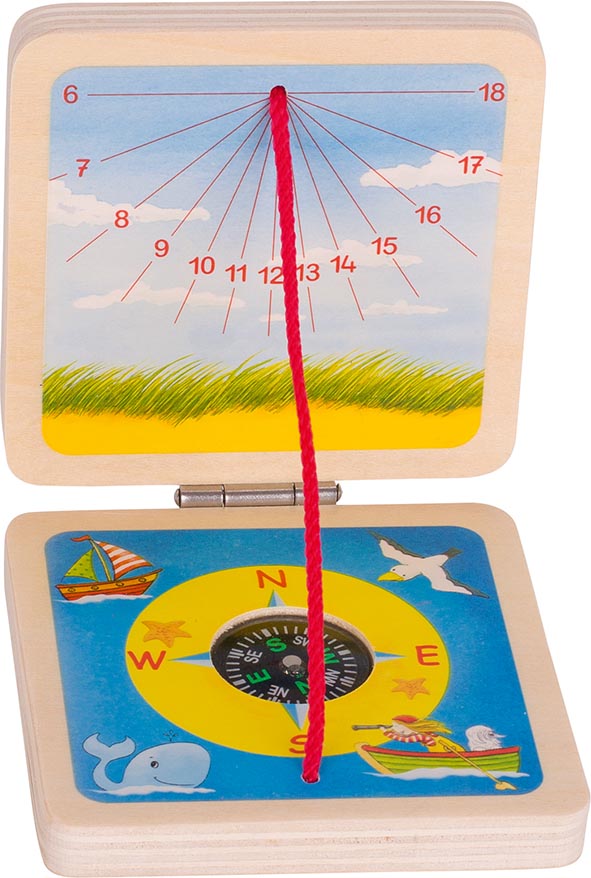 Meridiana tascabile in legno Goki con bussola, gioco educativo per bambini per imparare a orientarsi con il sole e leggere l’ora.