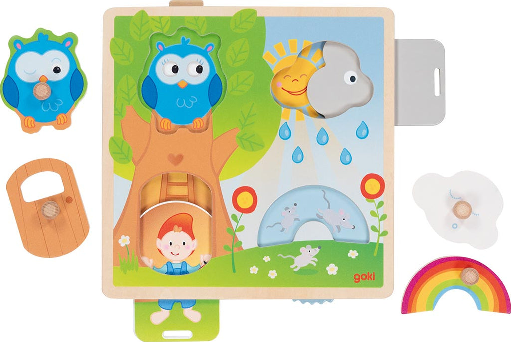 Puzzle in legno Goki con immagini nascoste e elementi mobili, ideale per la prima infanzia
