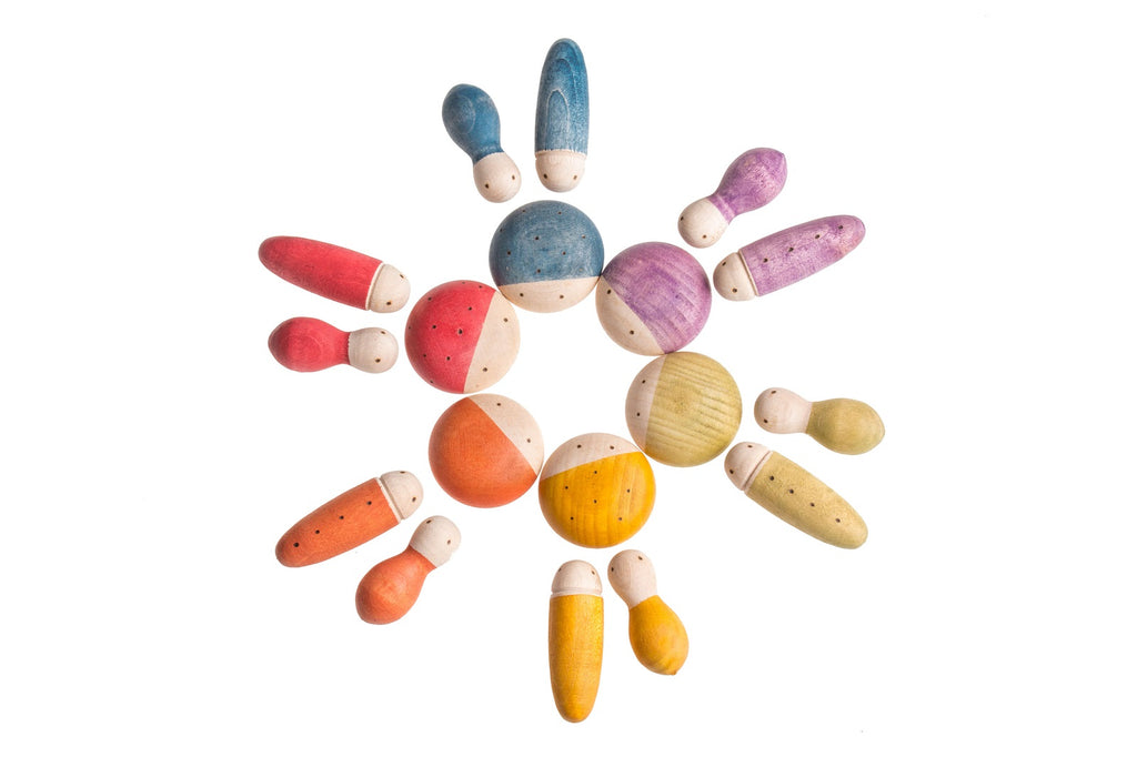 Set Grapat Insects con piccoli insetti in legno colorato disposti in cerchio.