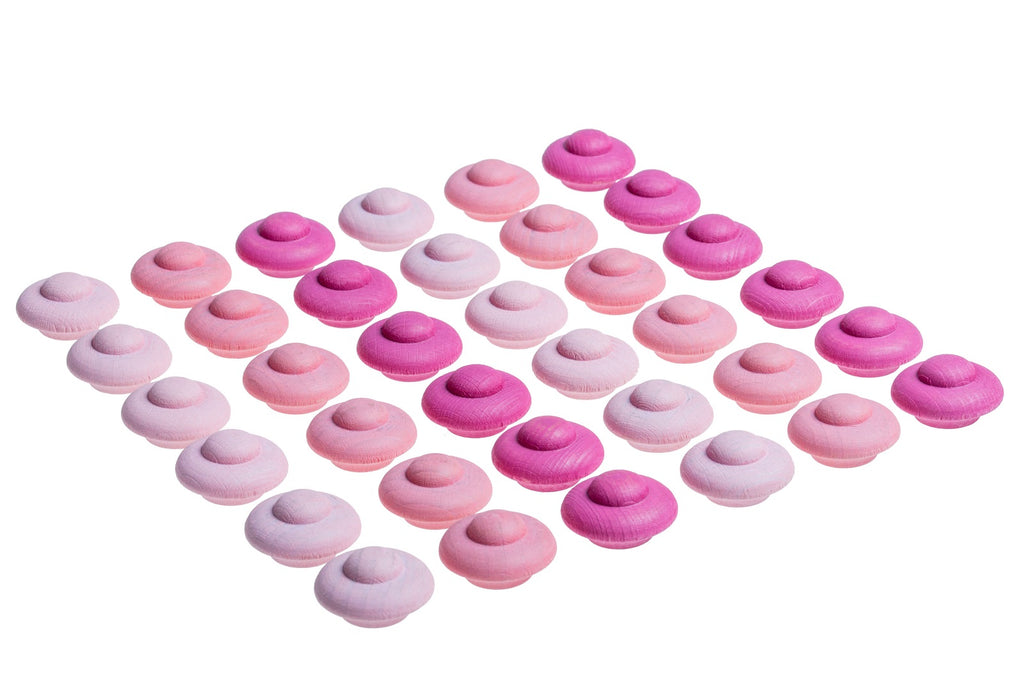 Set Grapat Mandala Flowers Pink con piccoli fiori in legno in diverse sfumature di rosa.